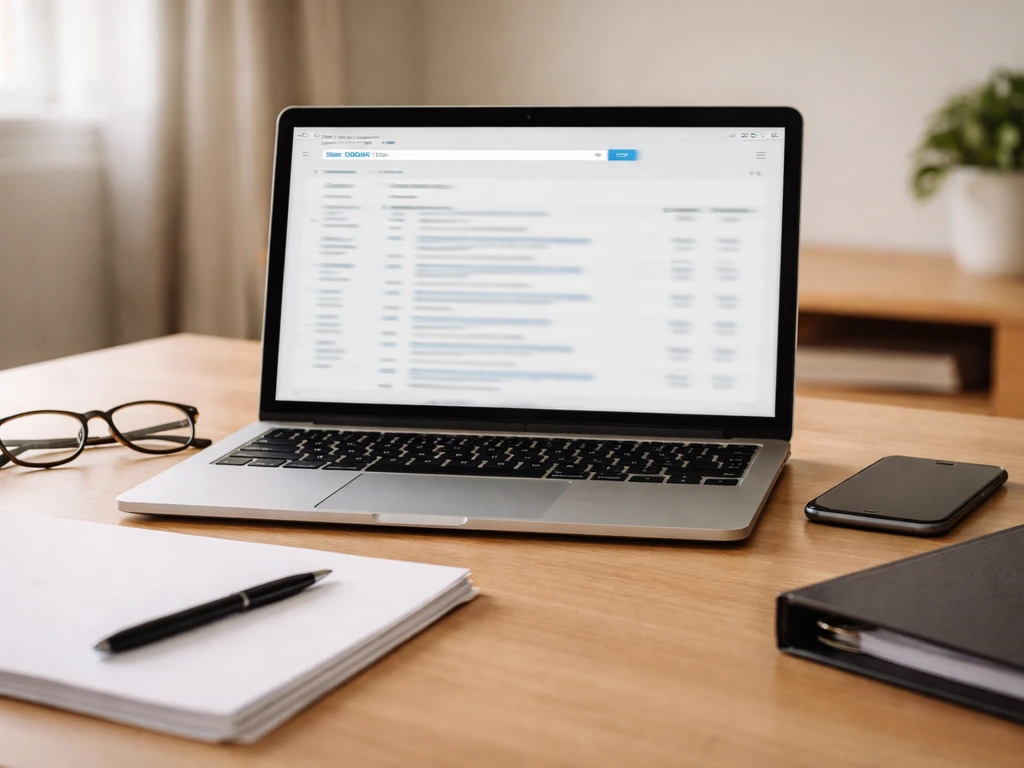 Minimal desk scene with a laptop showing blurred filing-search results, symbolizing public record verification.