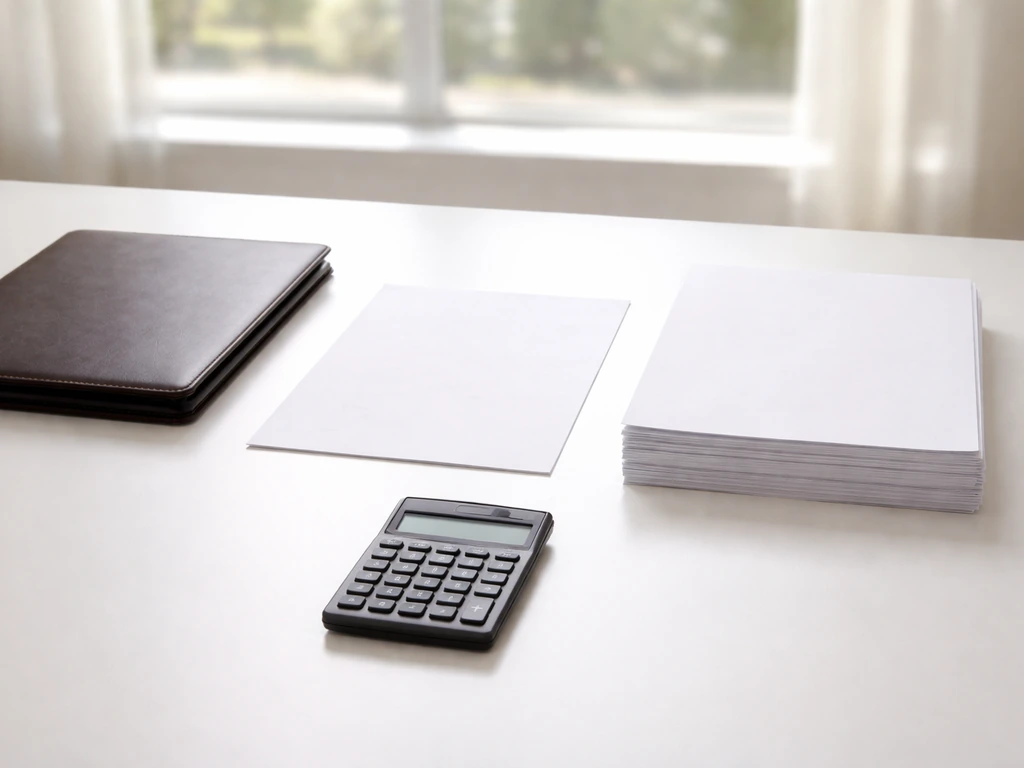Minimal photo of a desk with a calculator and neatly stacked papers suggesting assets minus liabilities.