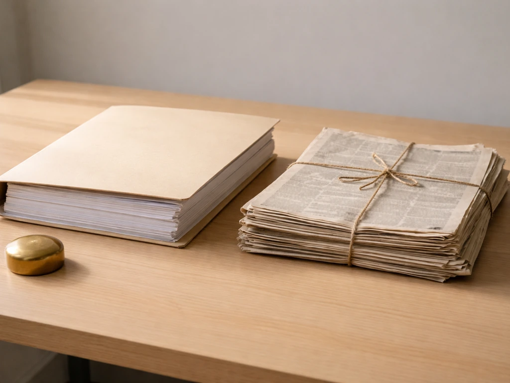Two unlabeled primary-source documents on a light wood desk: probate/estate filing and old newspaper pages.