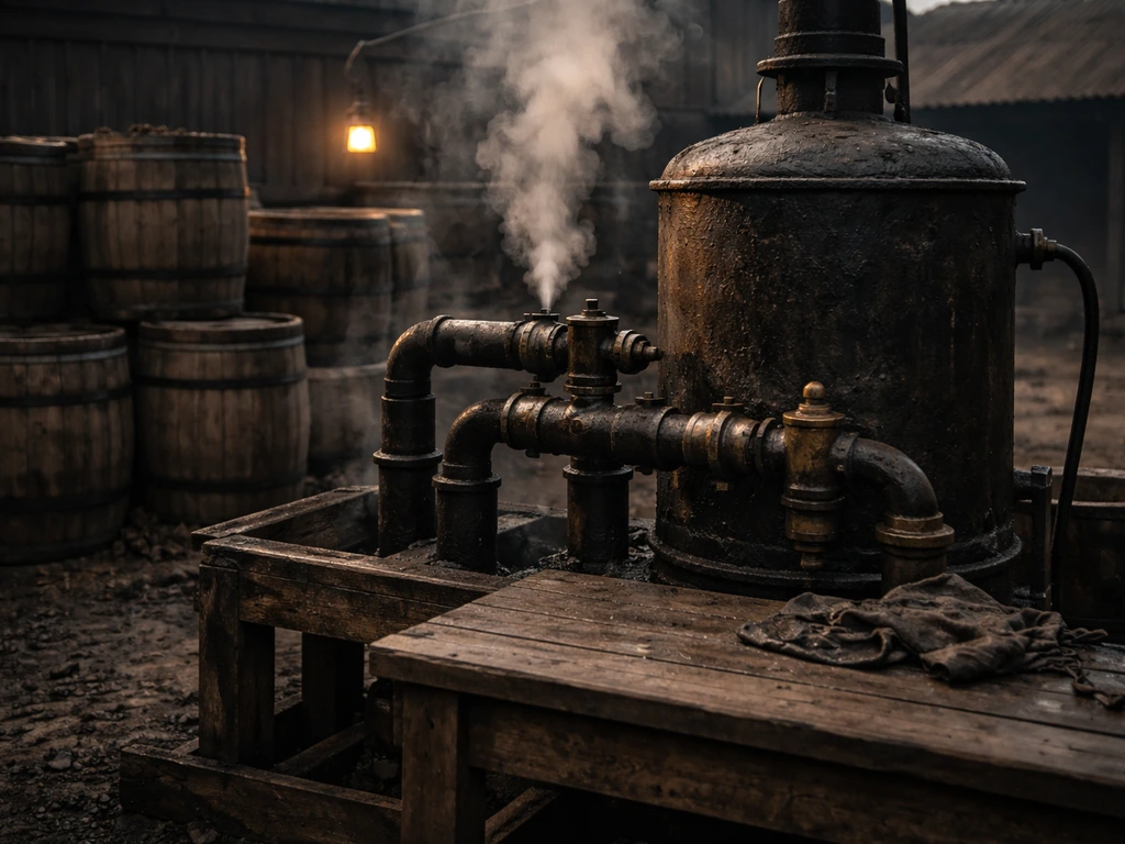 19th-century oil refinery scene with wooden barrels and brass machinery in warm industrial light