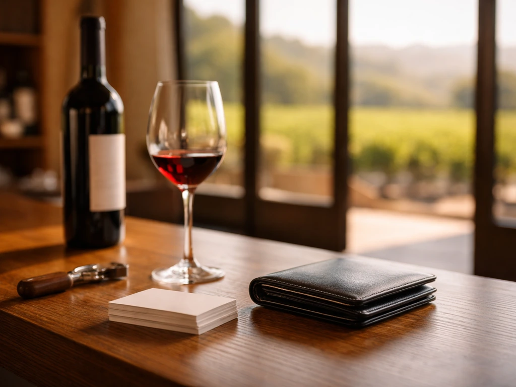 Upscale winery desk with red wine bottle and glass, warm light, blurred vineyard background, no people.
