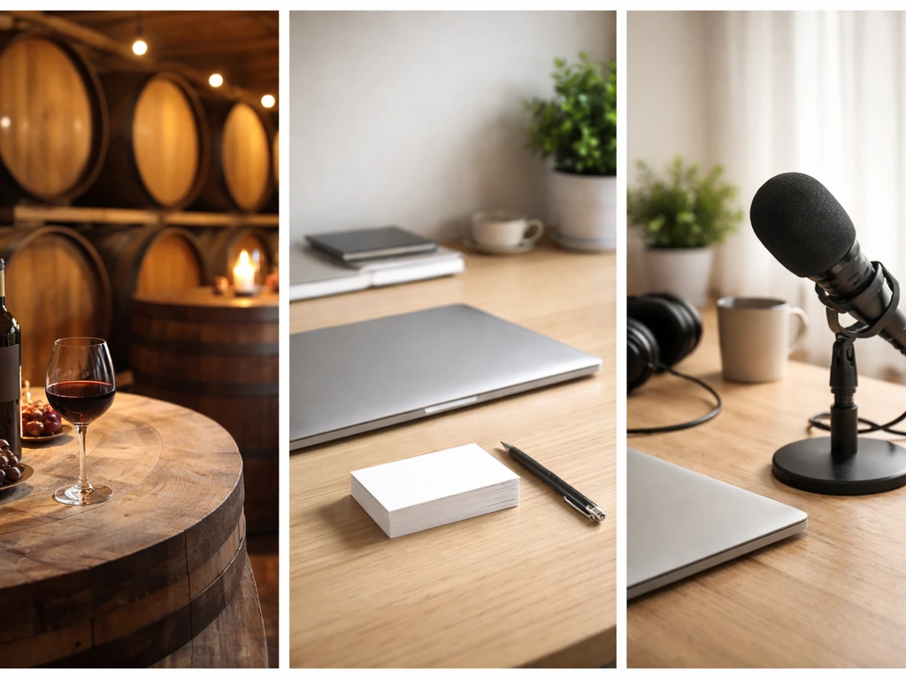 Three minimal scenes hinting winery, business, and media identities without showing any people