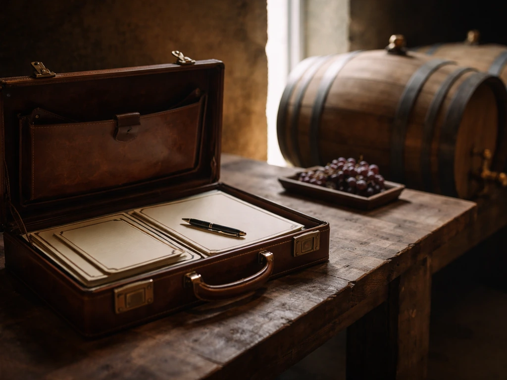 Vintage briefcase and investment-banking documents beside winery barrels in a quiet California cellar.