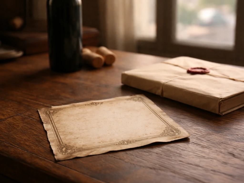 Close-up of an anonymous vintage wine label beside a sealed auction envelope, suggesting a brand purchase outcome.