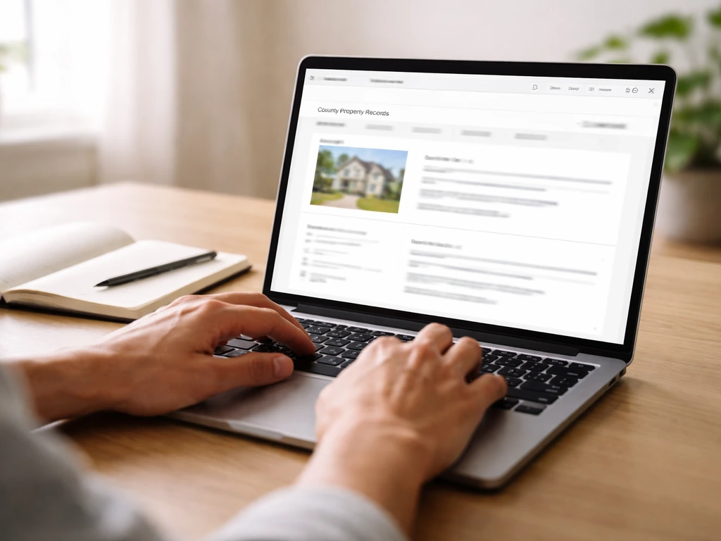 Close-up of a laptop showing county property record search results with a notebook and pen beside it.