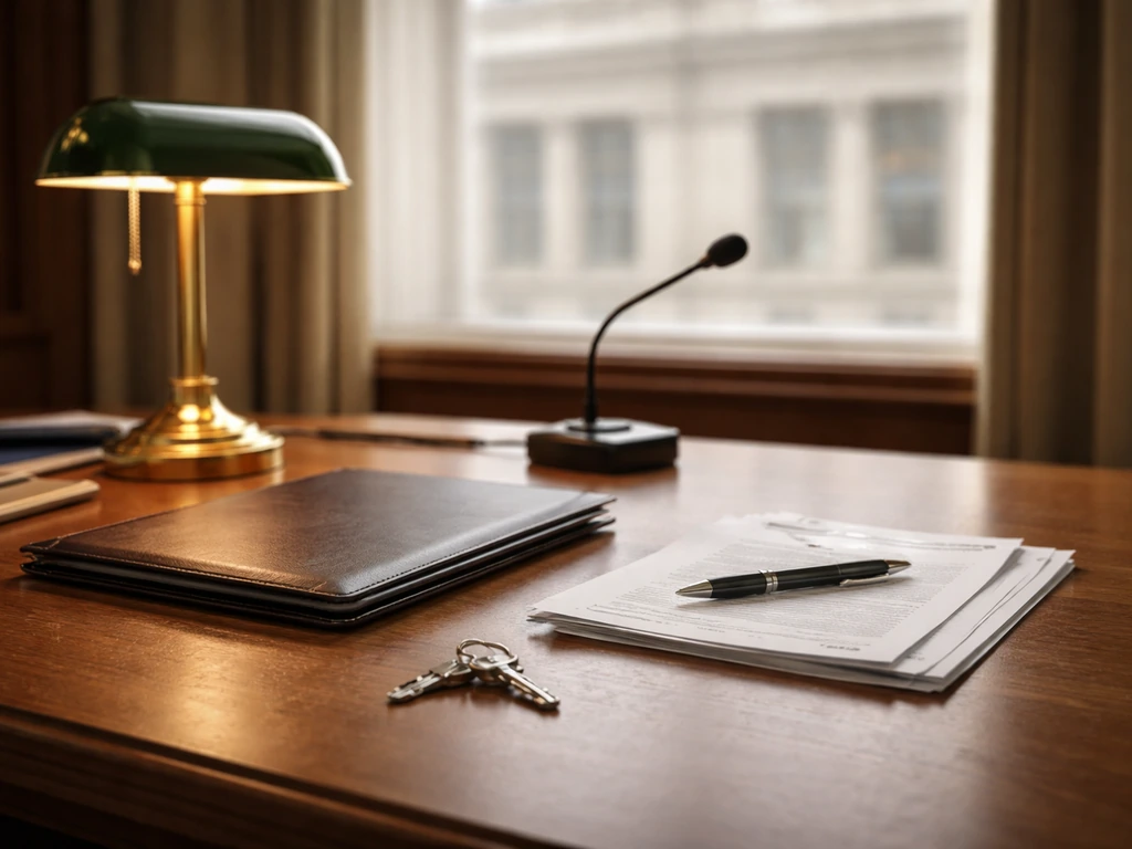 Minimal office scene with a desk lamp and papers, symbolizing central banking and financial estimation.