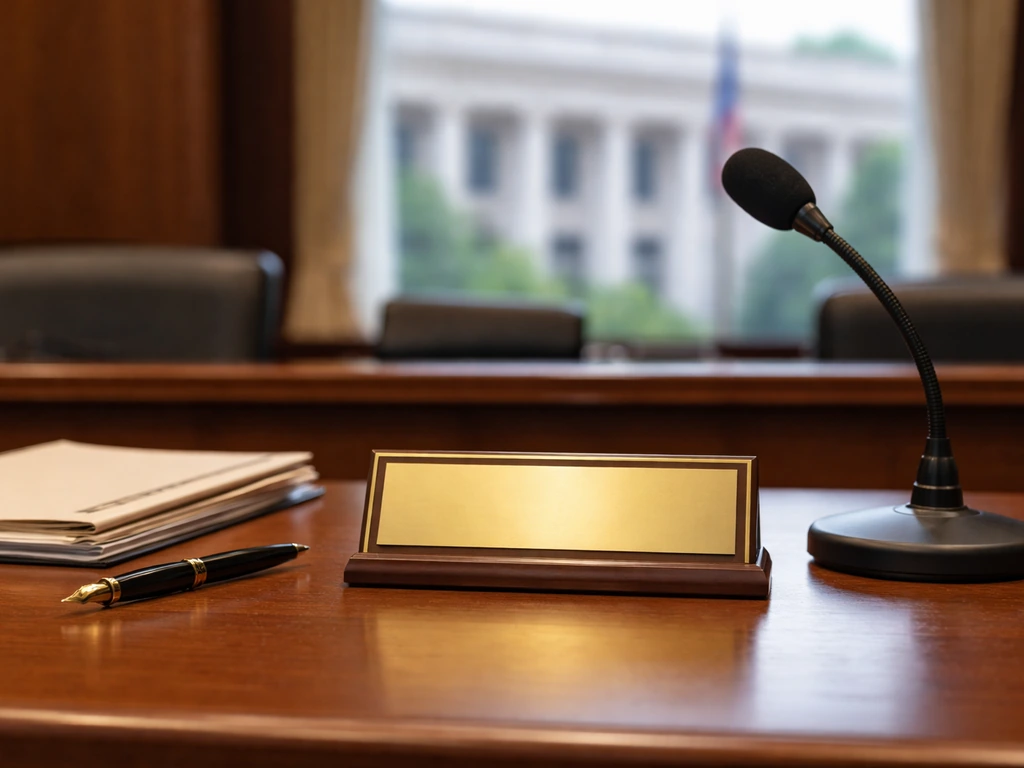 Desk with pen and folder in front of a blurred government building, suggesting an official central bank setting.