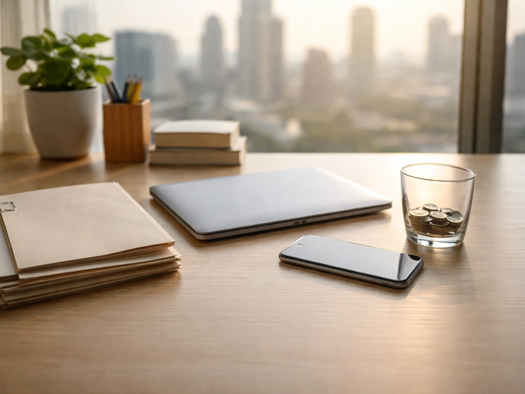 Minimal office desk with folders, coins, laptop and city view, symbolizing proxy-based estimate inputs.
