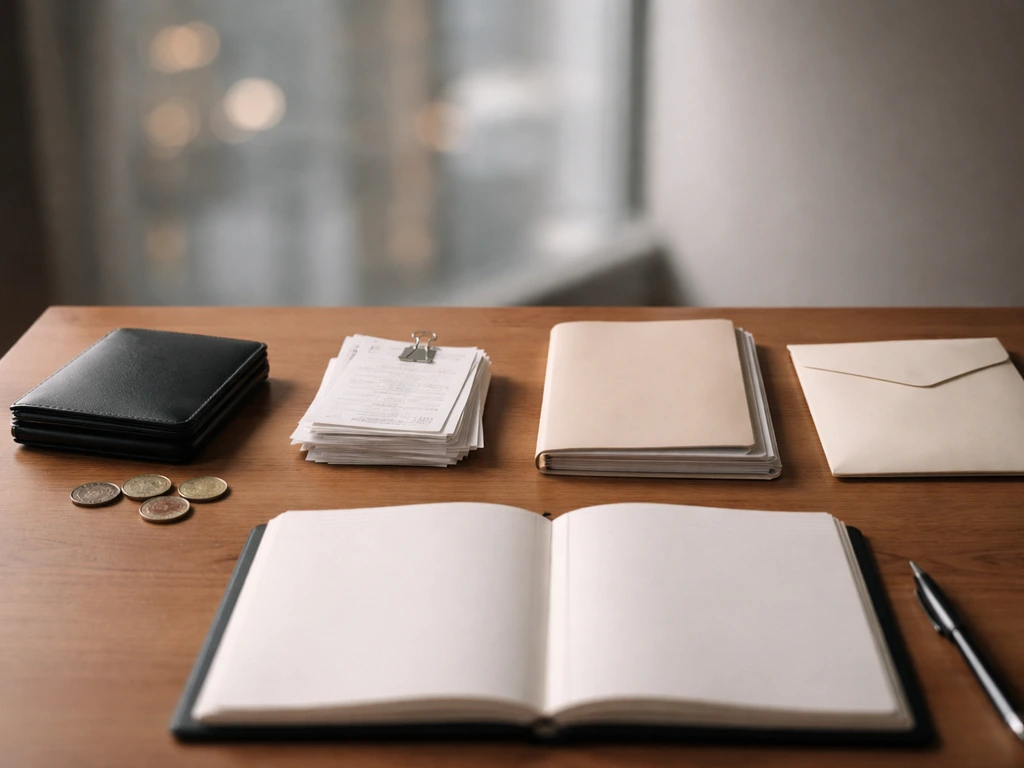 Minimal desk scene with wallet, coins, documents grouped to suggest income, assets, and liabilities.