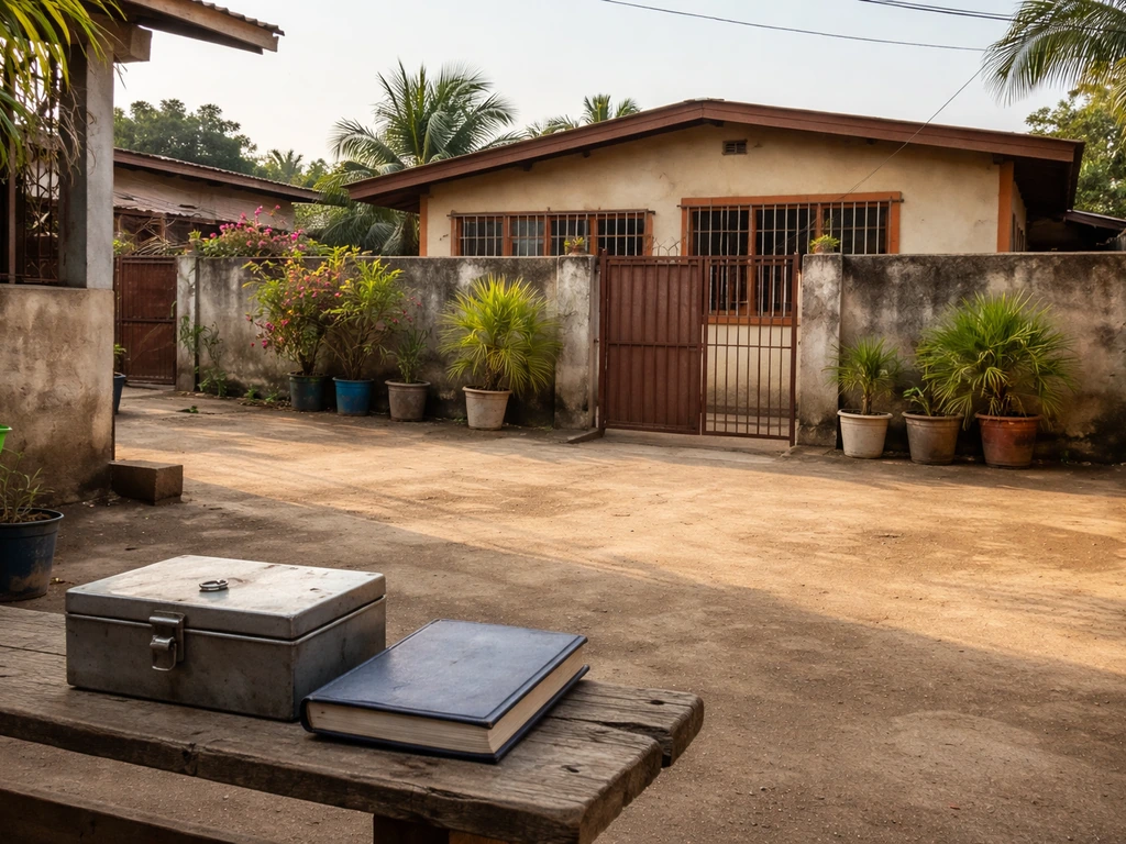 A small West African home with a nearby simple cash box and ledger on a bench, no people.