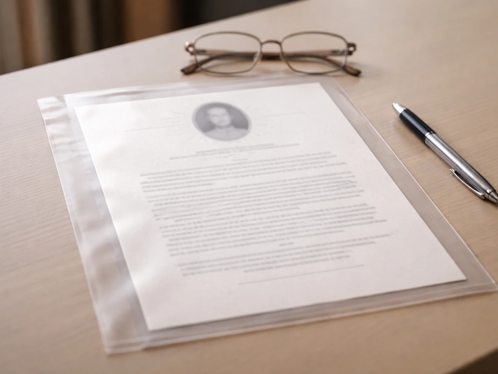 Close-up of a printed obituary-style document page in soft light on a desk, confirming an identity
