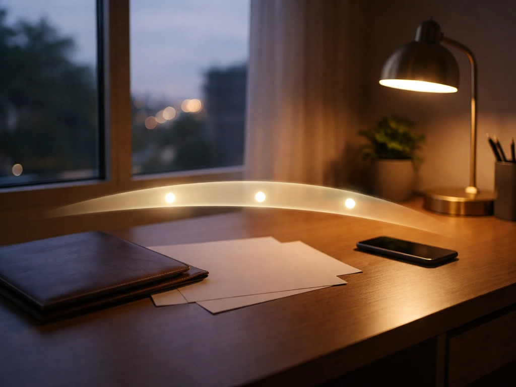 Minimal office desk with scattered documents and a glowing confidence-range band symbolizing net worth estimate uncertai