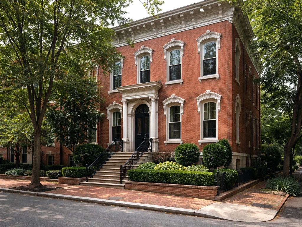 Georgetown Italianate home exterior on a quiet R Street, Washington, DC, with classic brick facade and steps.