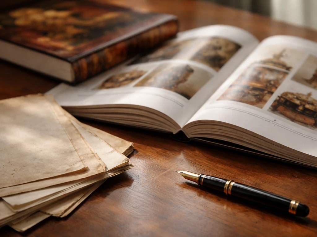 Open vintage auction catalog beside a leather notebook on a desk, suggesting provenance for a luxury collection.