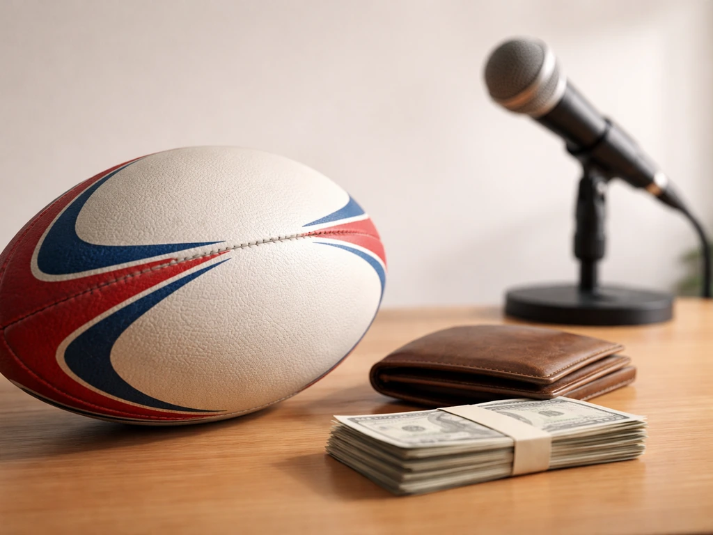 Rugby-themed money and media symbolism: rugby ball near cash and microphone in a simple studio setting