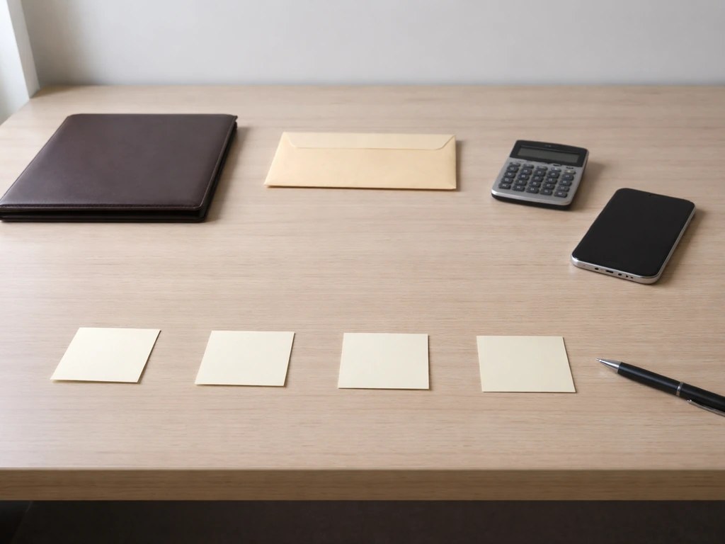 Minimal photo of a calculator, folder, and cash envelope beside a smartphone for net-worth calculation steps