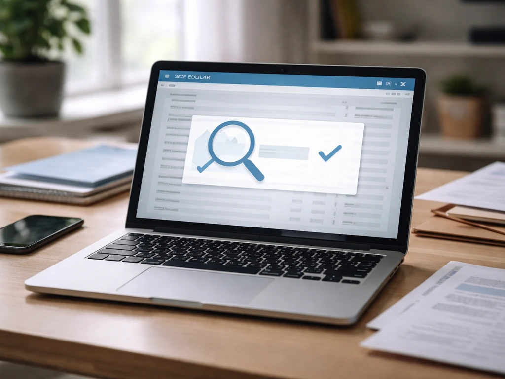 Investigator-style desk with laptop showing SEC EDGAR-like screen and a search overlay over documents