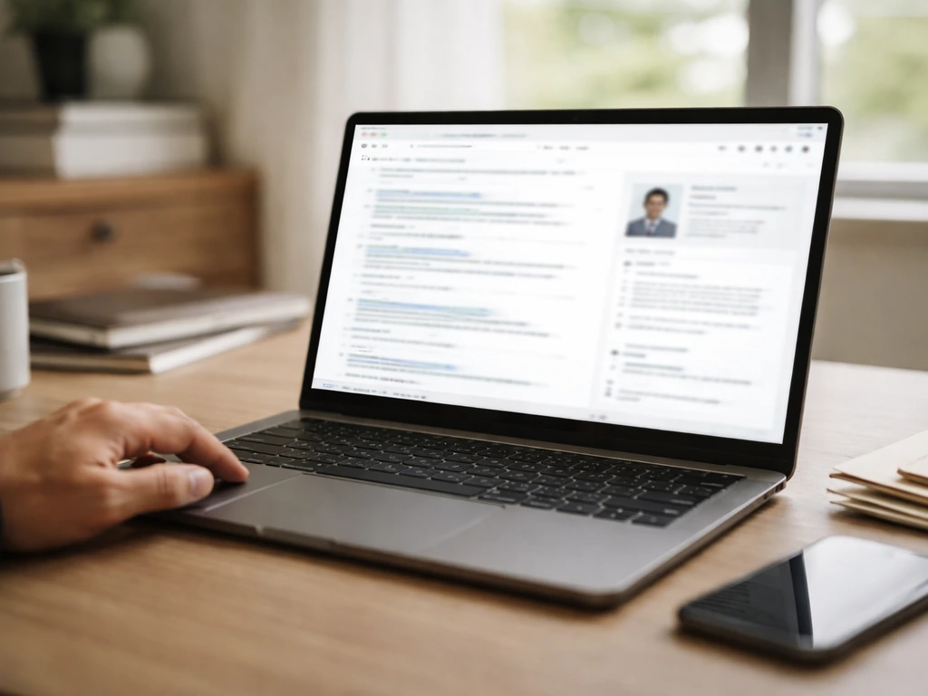 Laptop and phone on a minimal desk, blurred search/profile pages symbolizing public-record disambiguation.