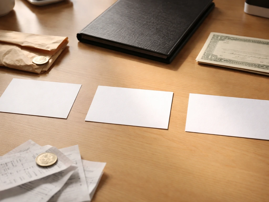 Minimal desk with three blank money-related cards and props suggesting different net worth assumptions