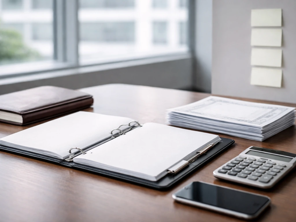 Minimal office desk with an open binder, calculator, and a small stack of stock certificates symbolizing equity holdings