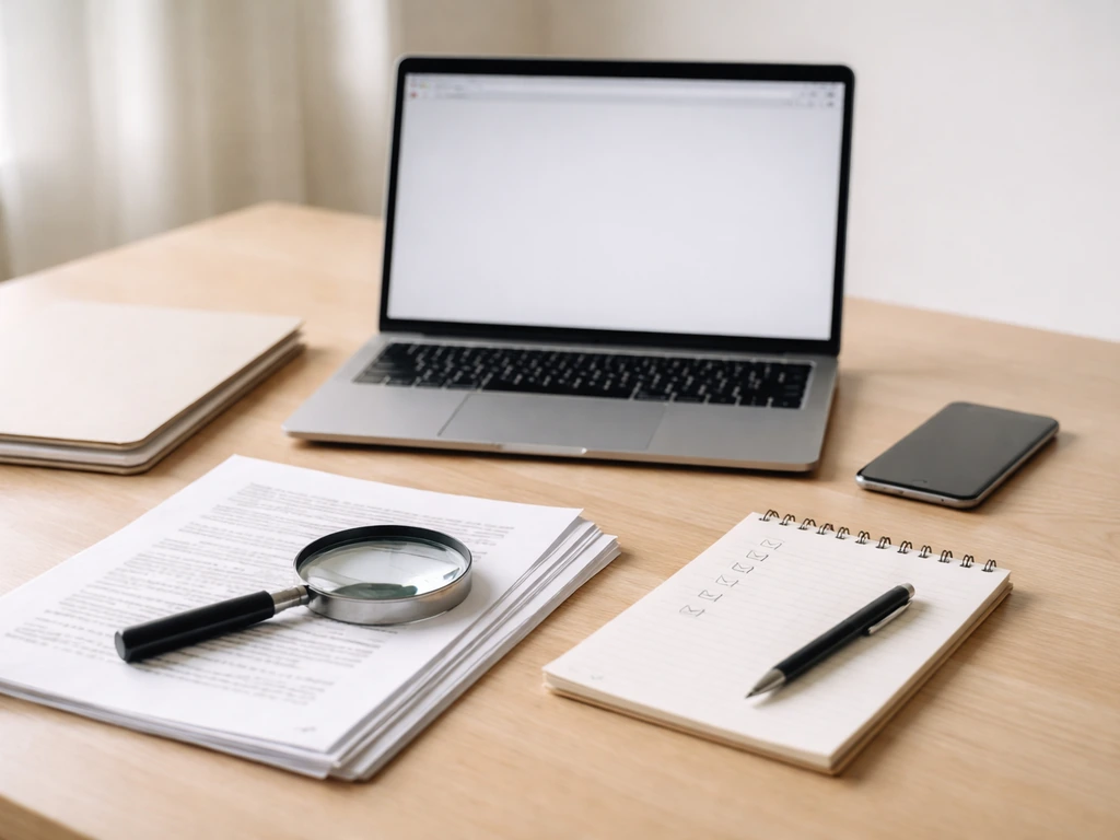 Minimal desk setup showing due-diligence verification workflow with documents, laptop, and a checklist notepad