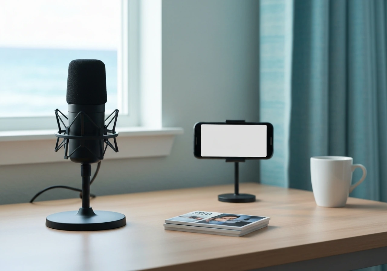 Minimal vlogging desk setup with microphone and smartphone, symbolizing an internet creator lifestyle.