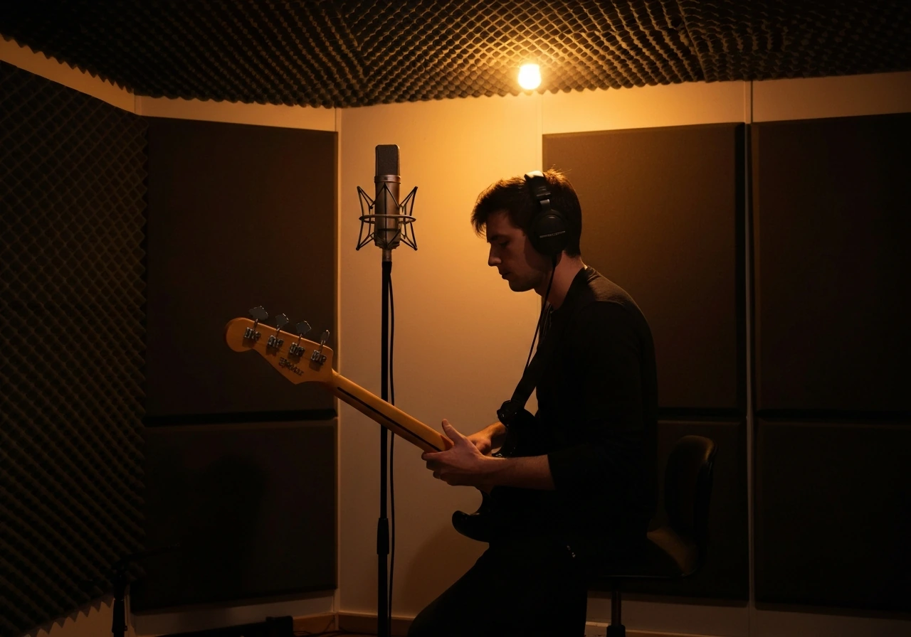 Bassist playing electric bass in a quiet recording studio with warm studio lights