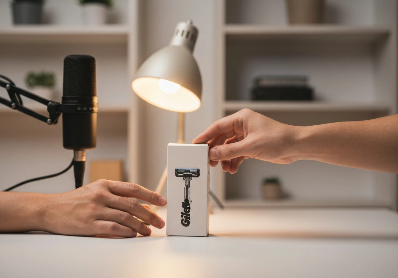 Hands place a razor and product box next to a podcast microphone in a minimal studio setup.