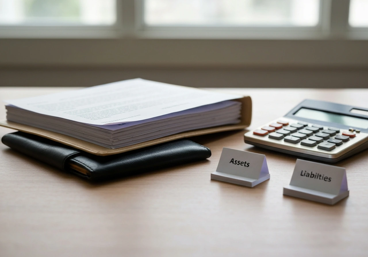 Minimal desk scene with calculator beside documents and a small stack of cards symbolizing assets and liabilities
