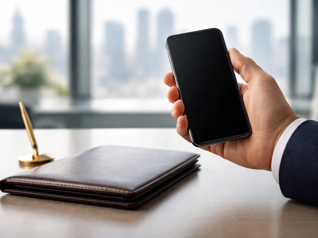 Anonymous suited hand holding a blank smartphone above a modern office desk with finance-themed items.
