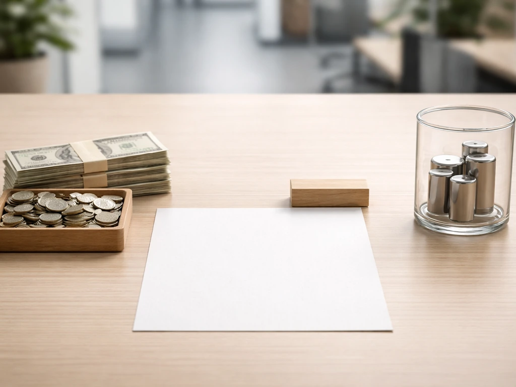 Minimal photo showing money and a simple assets-minus-liabilities concept with blocks and coins