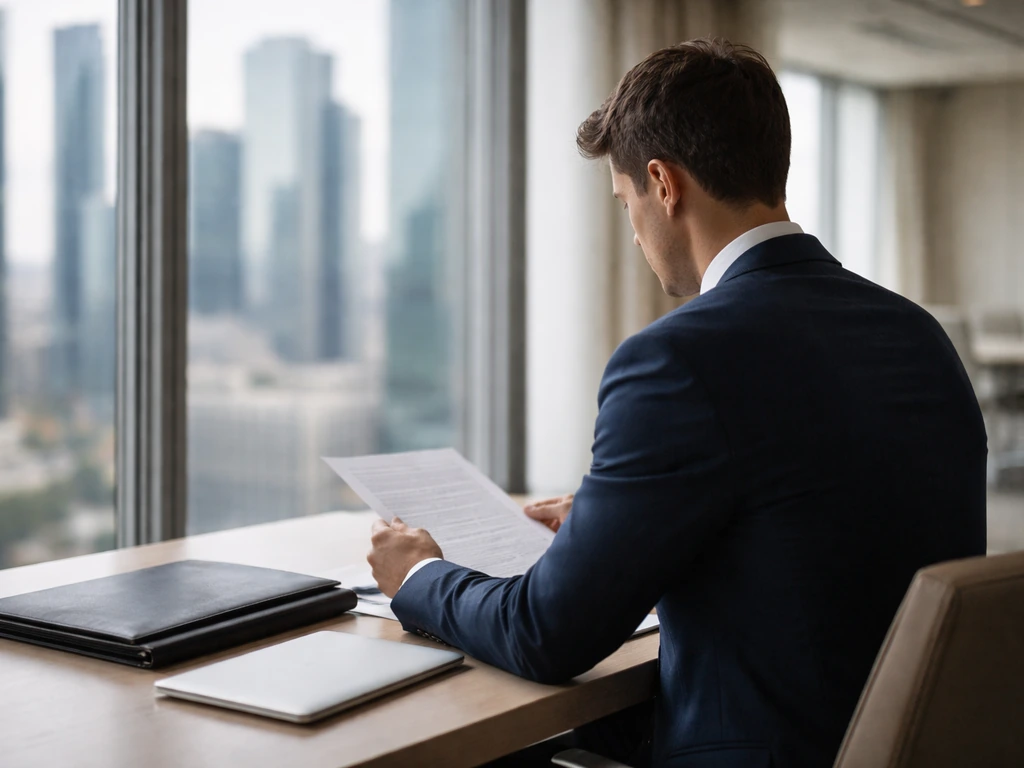 Anonymous finance professional at a quiet office desk with portfolio and laptop, skyline view behind.