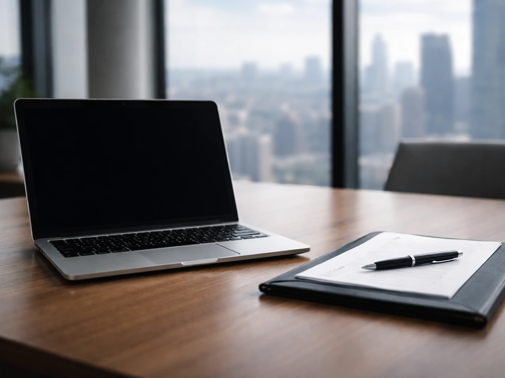 Minimal office scene with a laptop and pen beside a briefing folder, symbolizing private equity leadership work.