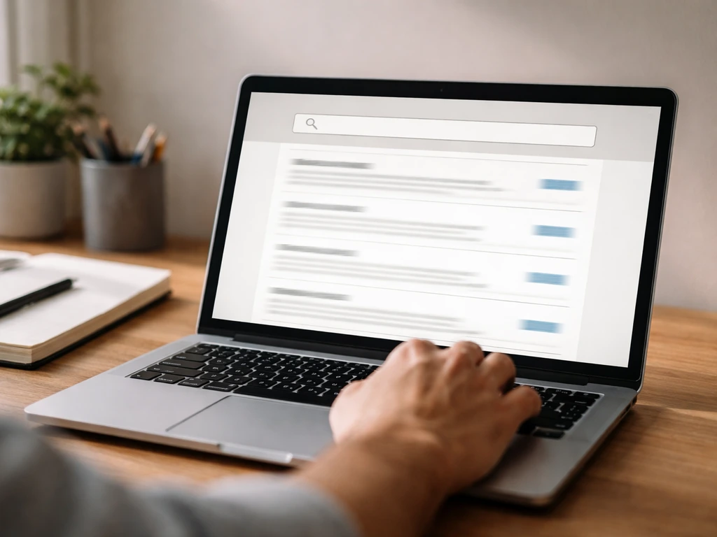 Hand on laptop showing a generic public filings search page layout with highlighted results, no readable text.