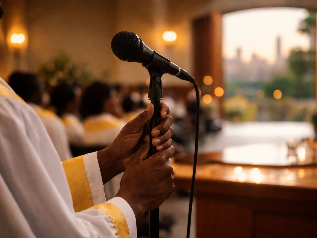 Warm church stage scene with anonymous hands on a microphone, subtle wealth-like light reflections.