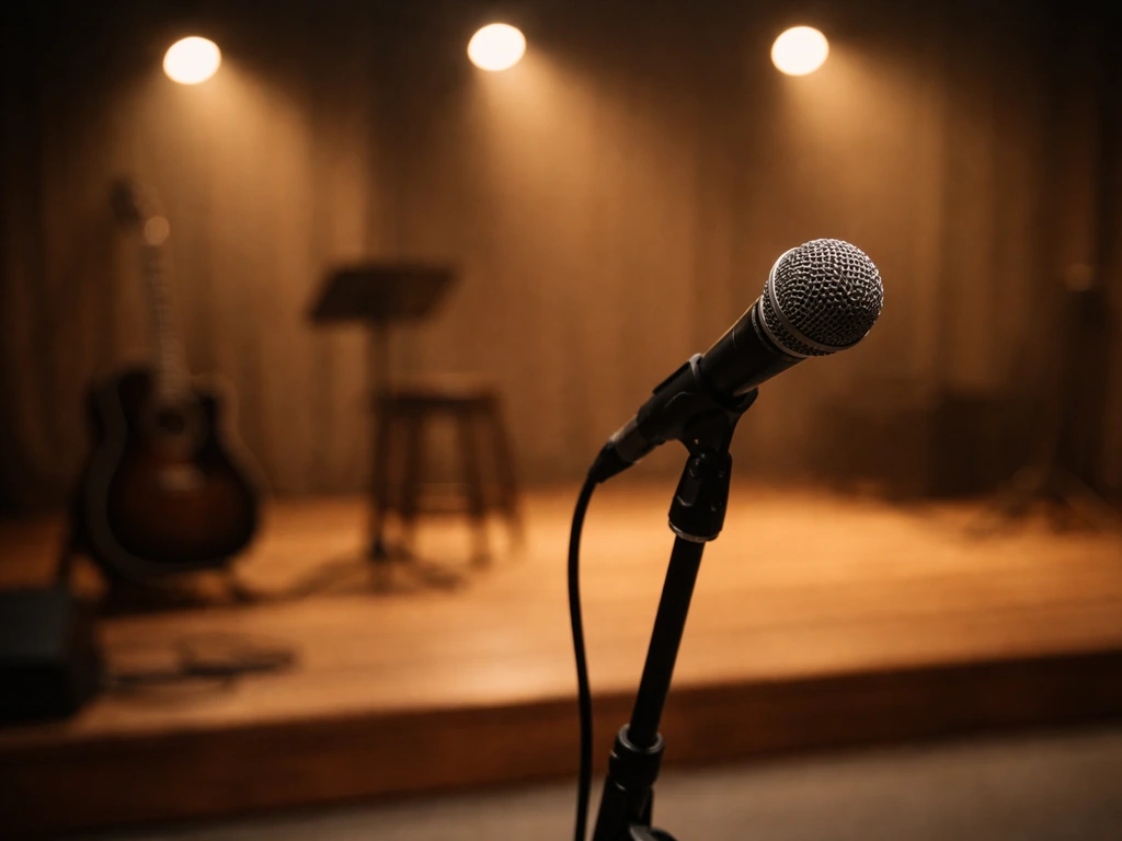 Gospel musician-themed studio scene with a microphone and warm stage light symbols of fame and success