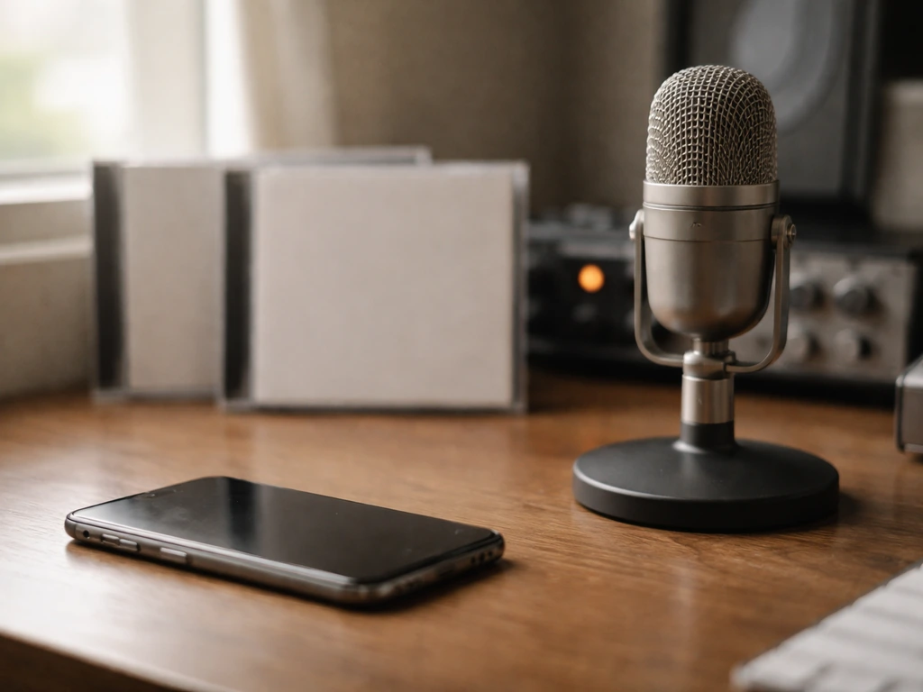 Close-up of a studio microphone with generic CD cases and a smartphone suggesting music catalog income.