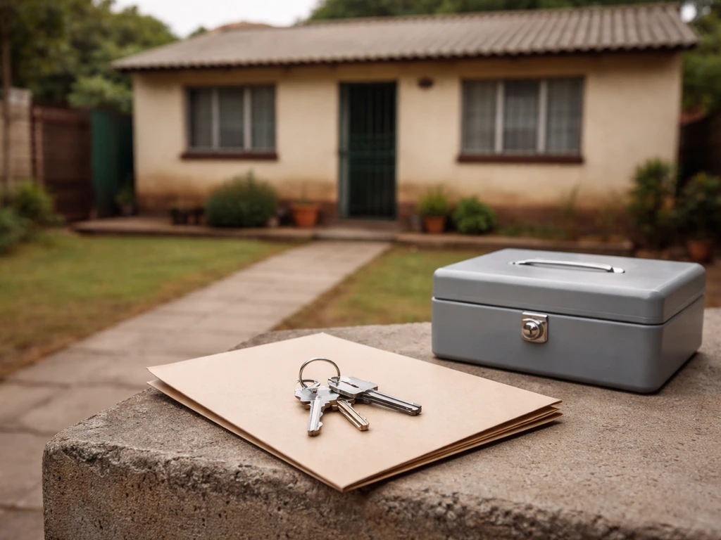 Modest Harare-style home exterior with house keys, a generic deed folder, and a closed metal safe box