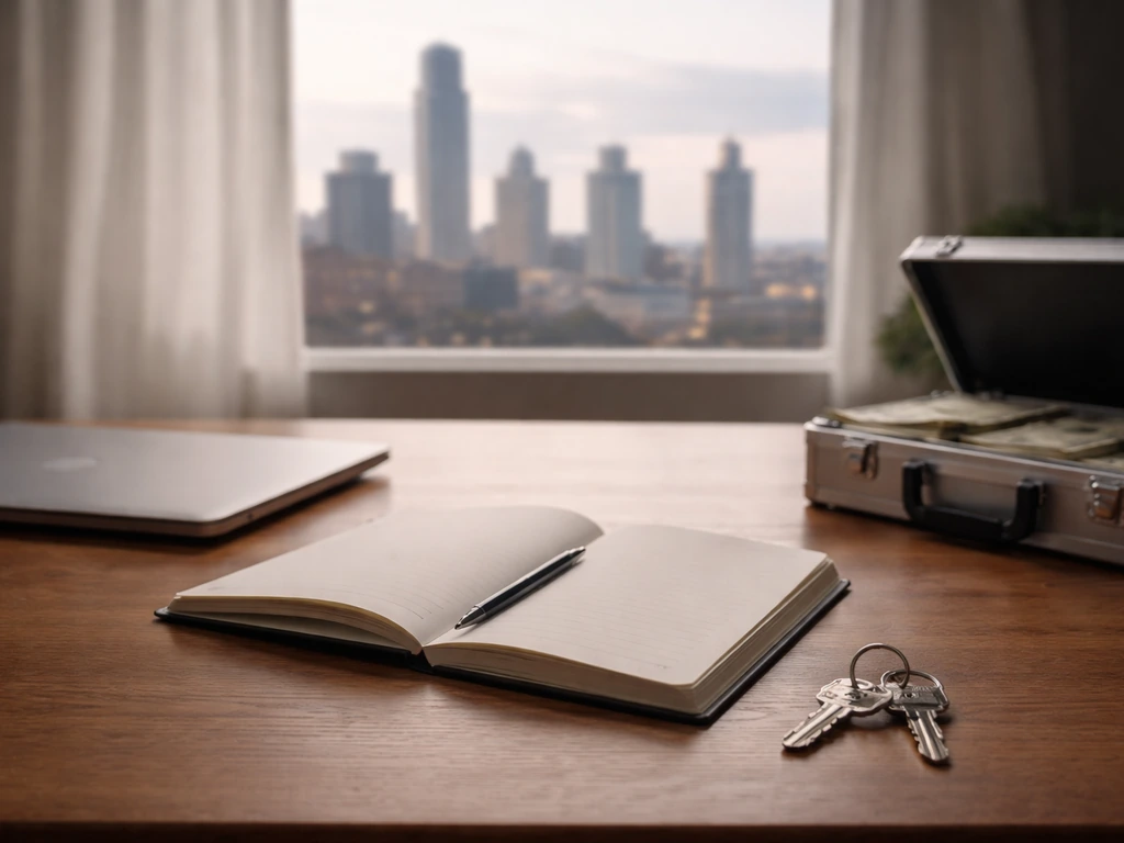 Minimal photo of a real-estate style desk scene with keys and a blurred city skyline, symbolizing net worth research.