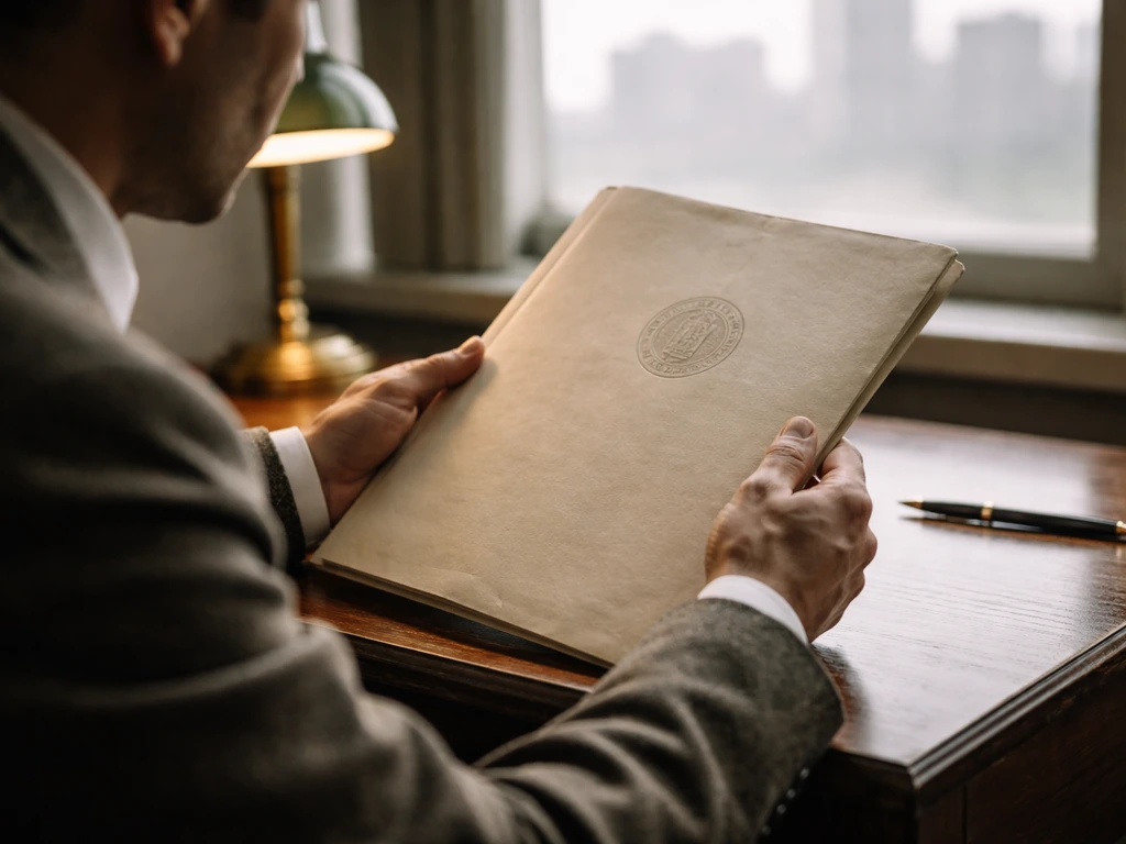 Anonymous man in an office reviewing embossed documents with a blurred city view through a window.