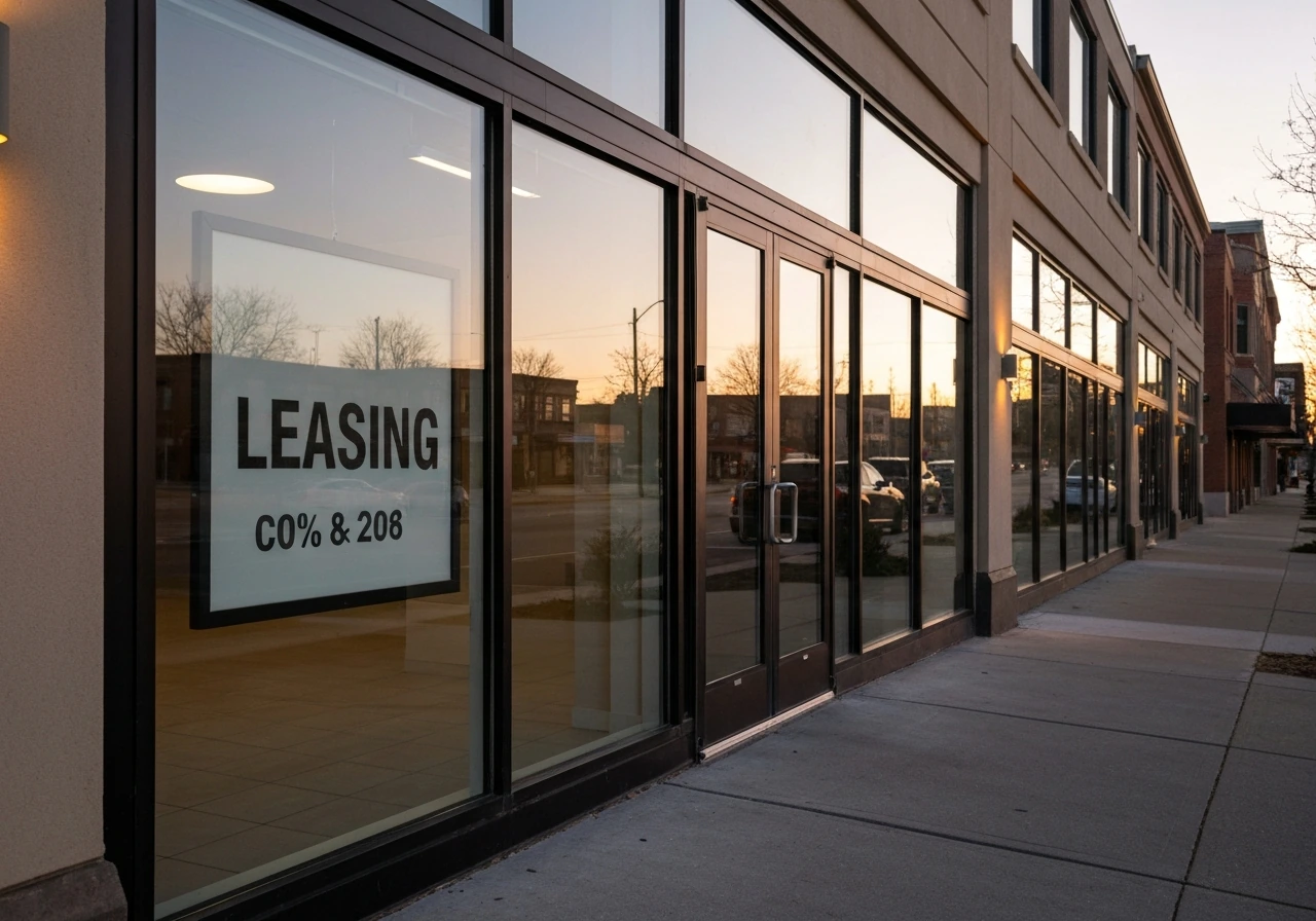 Quiet Albany-area commercial storefront with a leasing sign, suggesting commercial leasing income.
