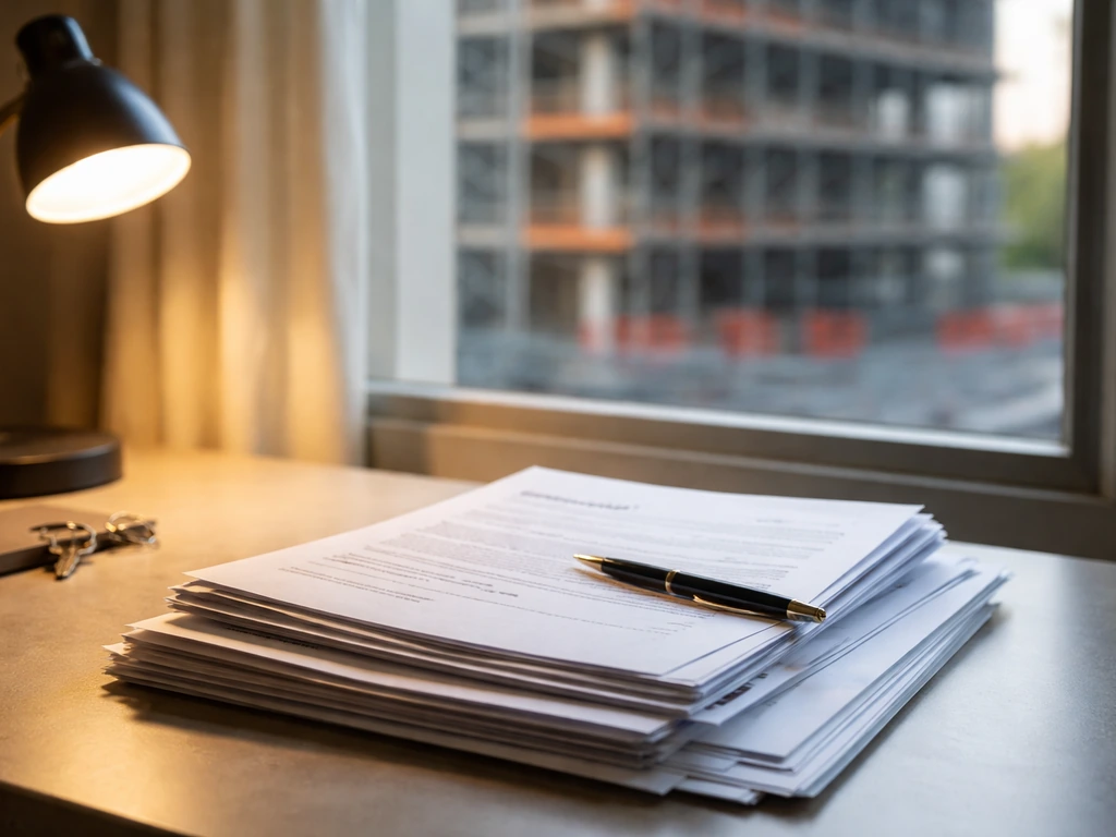 Close-up of construction loan paperwork beside a desk lamp, with a blurred building under construction outside the windo