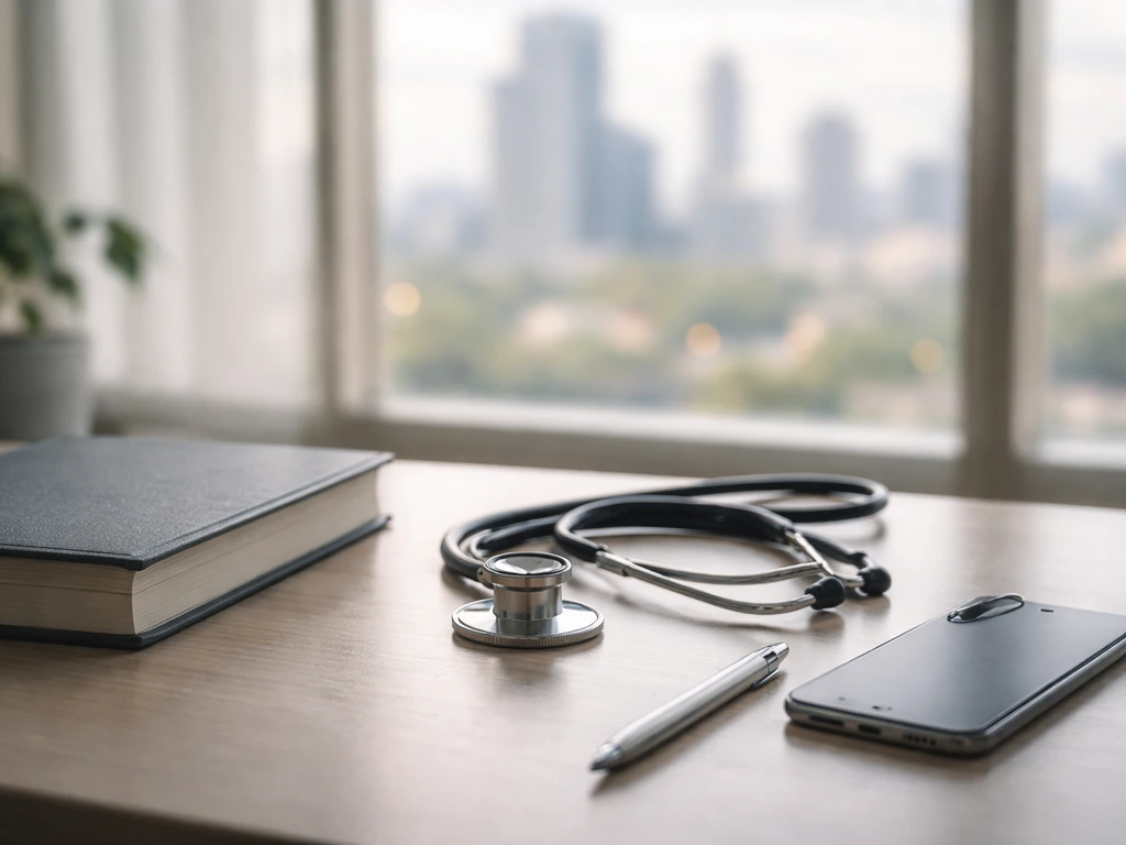 Minimal office desk scene with blurred city skyline, symbolic of a prominent medical researcher’s public profile.
