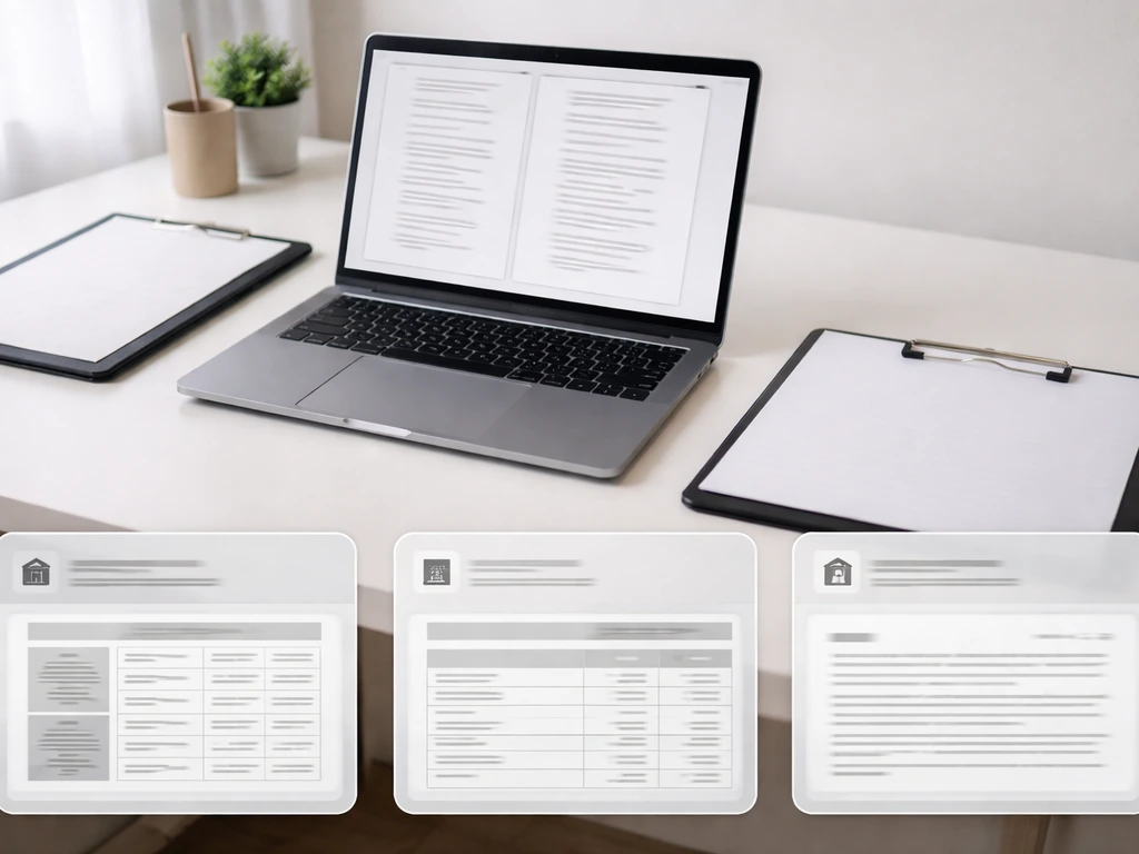 Minimal desk scene with a laptop open to generic legal/document pages and a clipboard, no text.