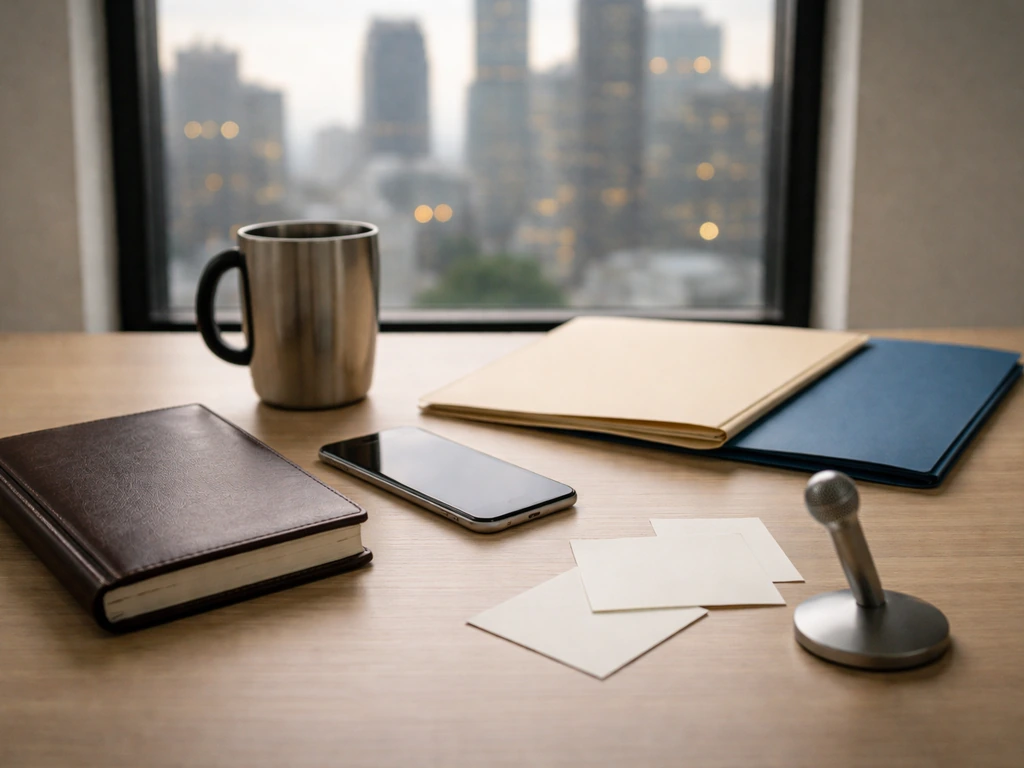 Minimal desk scene with blank folders, notebook, phone, and blurred city skyline suggesting income sources.