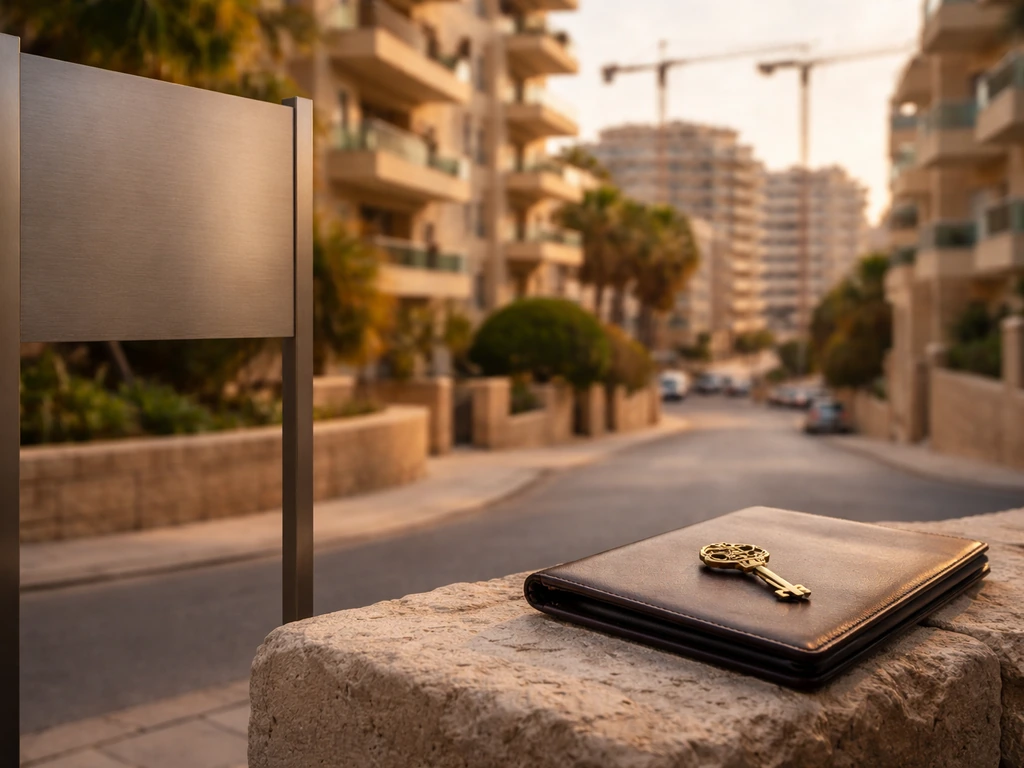 Keys and property documents on a stone ledge with a blurred Maltese city and cranes in the background.