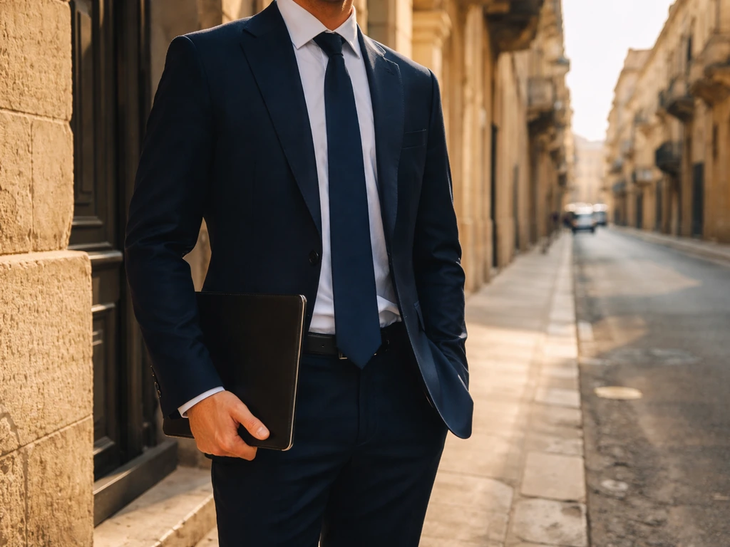 Anonymous Maltese businessperson outside a Valletta stone building holding a folder.