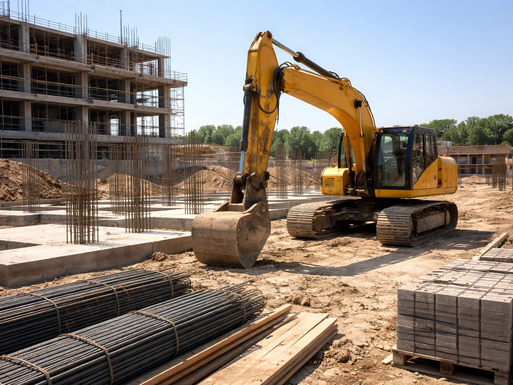 Yellow excavator at an unfinished construction site with concrete foundations and rebar cages