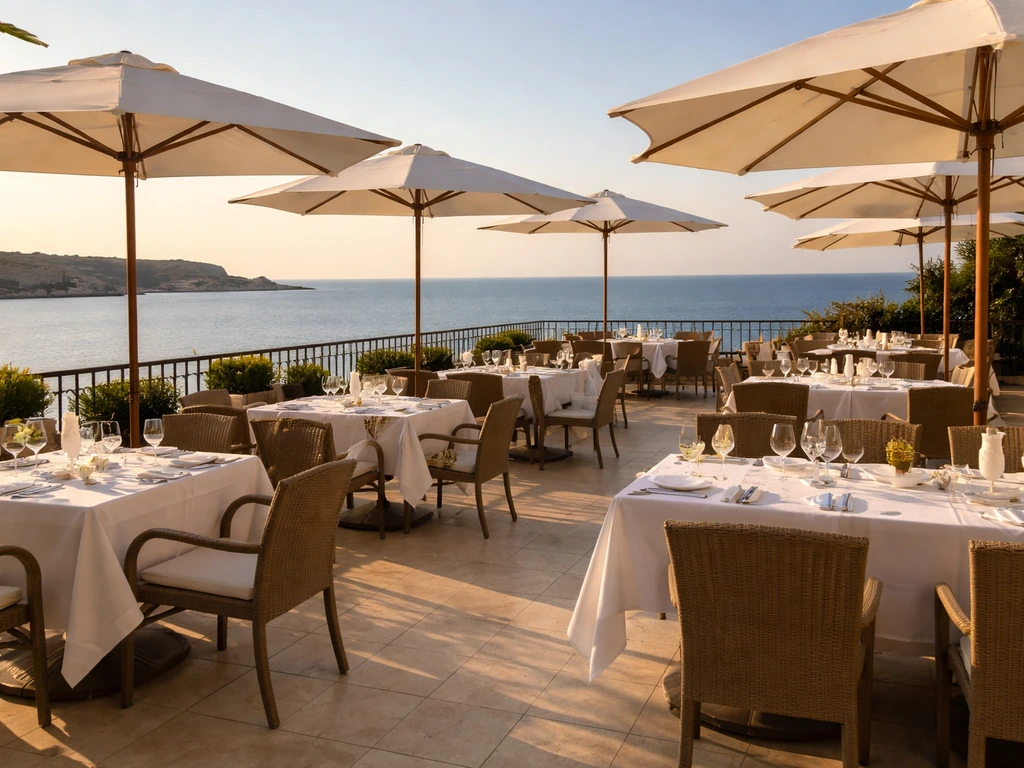 Sunny Malta hotel terrace with a view of the Mediterranean, showing hospitality and leisure ambience.