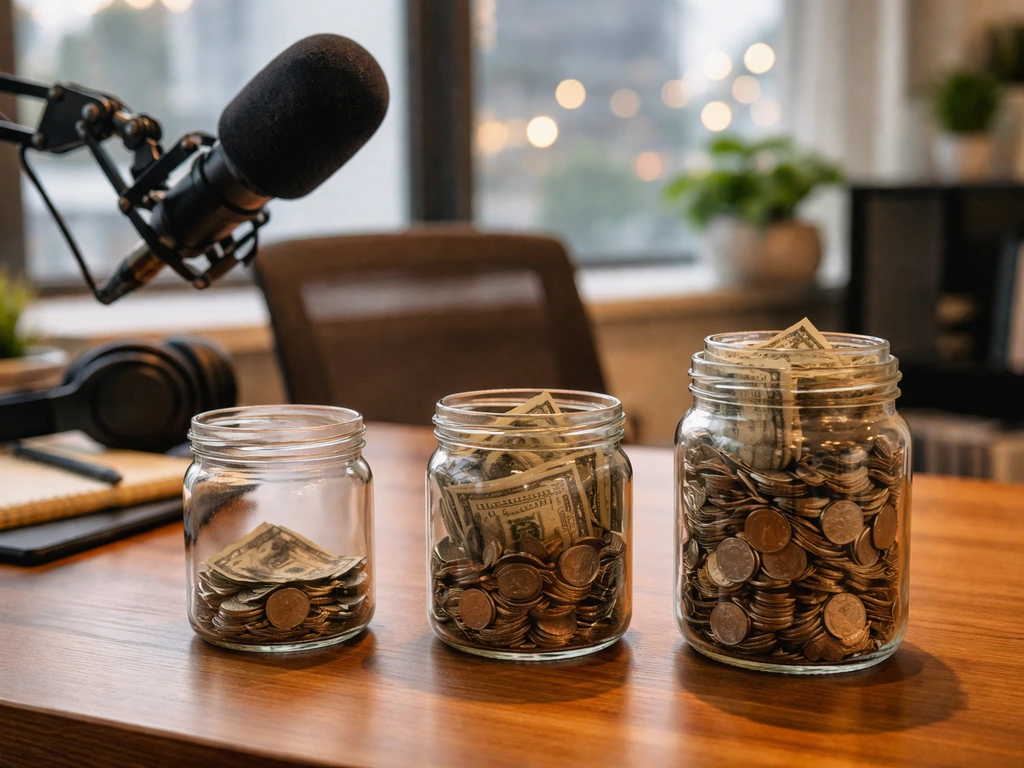 Podcast desk with three unlabeled jars of coins filled at low, typical, and high levels.